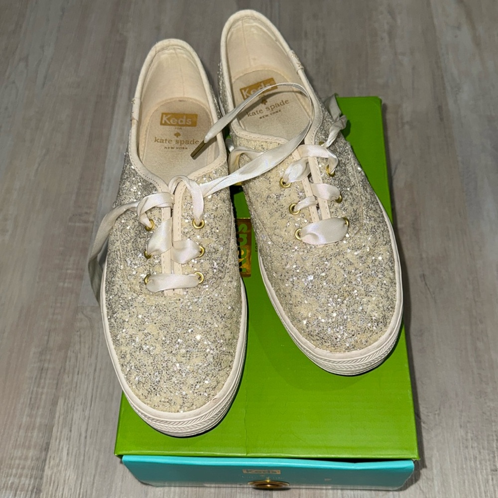 Keds by Kate Spade: Gently Used - White Glitter Platform Sneaker with Box Size 8